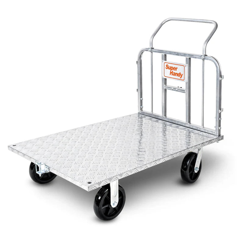 A silver-colored metal platform truck with a 41 inch bed, equipped with 8 inch castor wheels, and featuring removable sides. Front view.