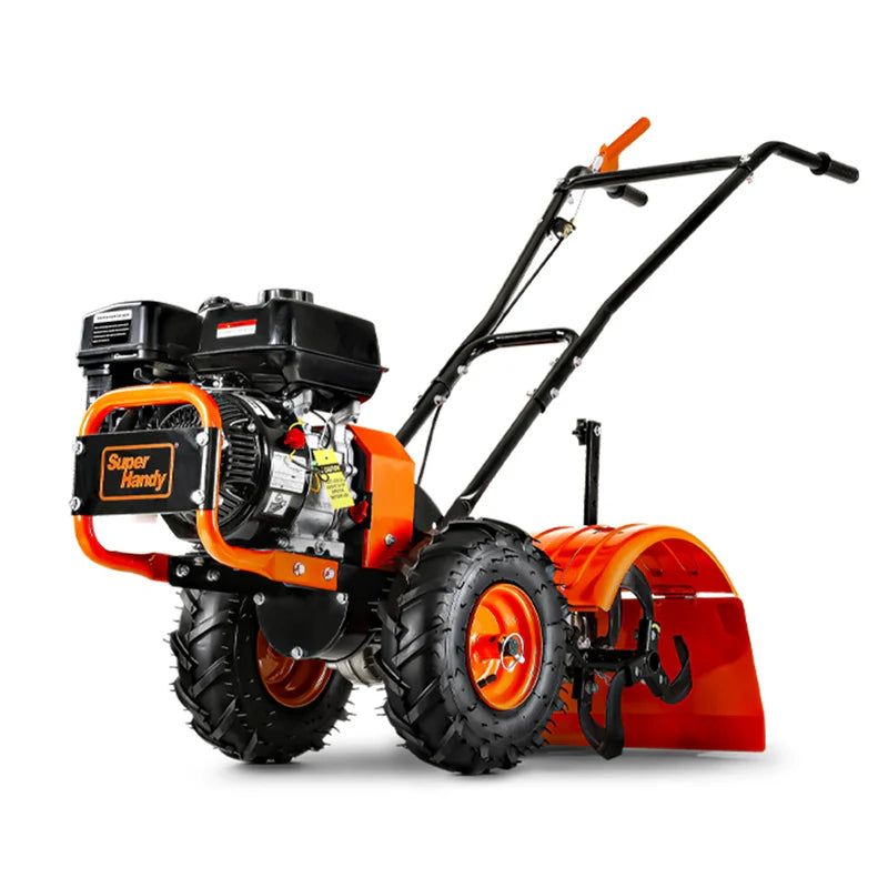 A superhandy rear tine tiller with orange, black, and gray coloring, featuring a gas engine and large wheels for garden soil preparation. Back side view.