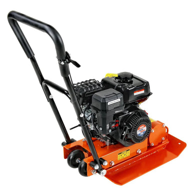 An orange and black SuperHandy vibratory plate compactor with a gas engine, designed for compacting soil and gravel. Engine view