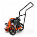 An orange and black SuperHandy walk-behind gas leaf blower with rugged all-terrain wheels and a 209CC gas engine. Handle view.