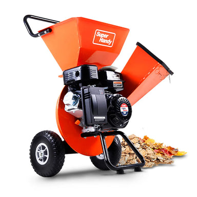 An orange wood chipper with a black cover next to it, featuring a 7HP 212CC engine. Front view with logs.