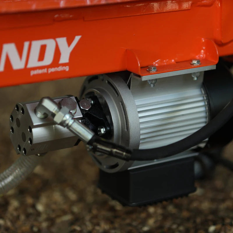 An orange and black superhandy 14 Ton Electric Log Splitter with a 20 inch max log length. The equipment is corded and has wheels for mobility. Engine view outdoors.
