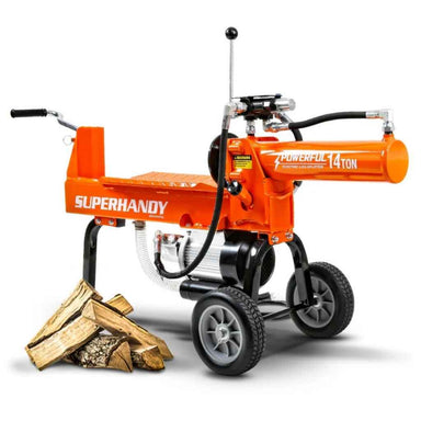 Orange SuperHandy log splitter 14 ton with wood on a white background