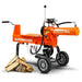Orange SuperHandy log splitter 14 ton with wood on a white background