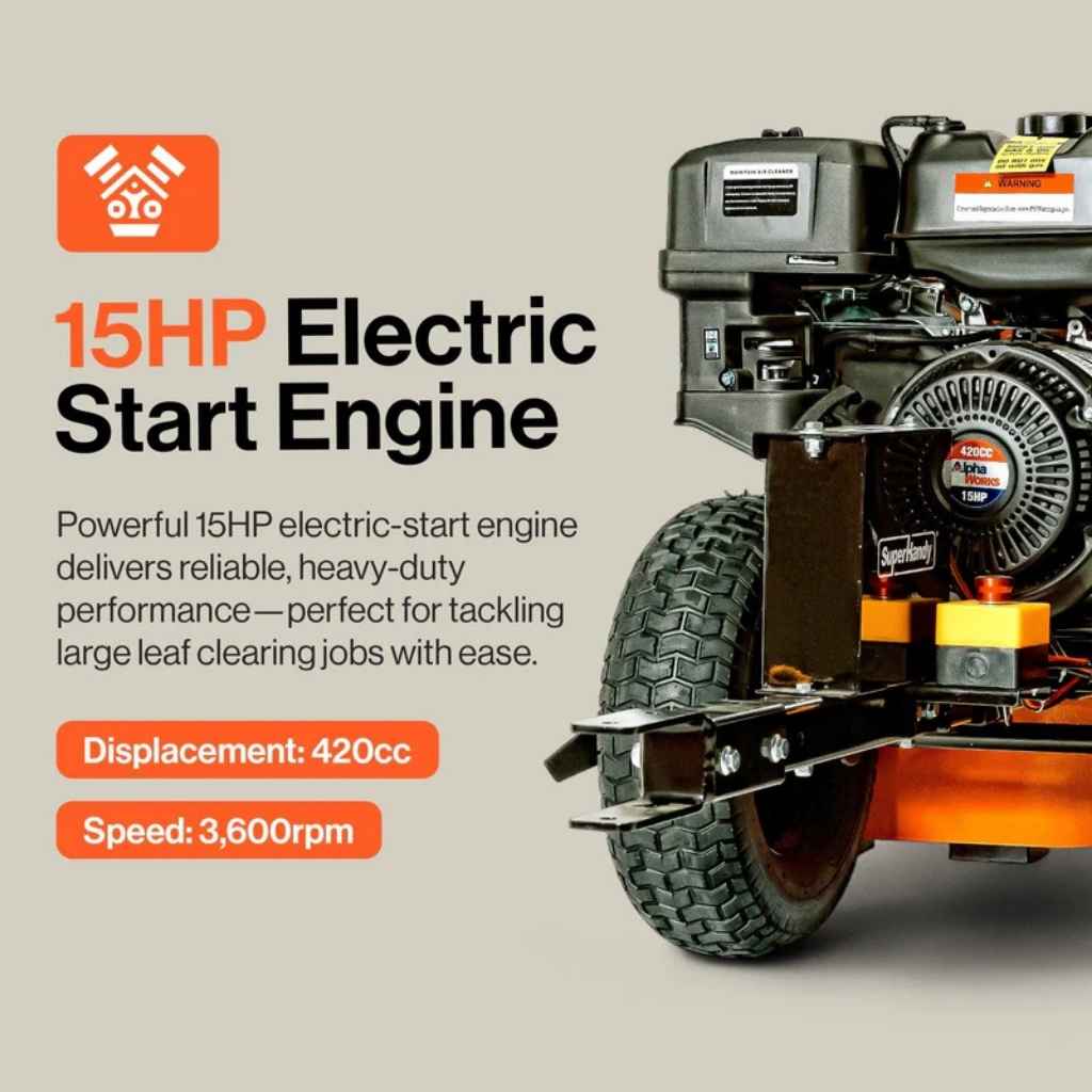 superhandy towable leaf blower with a 15HP electric start engine with specifications on a gray background