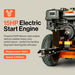 superhandy towable leaf blower with a 15HP electric start engine with specifications on a gray background