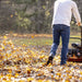 Person using a superhandy 209cc walk behind leaf blower to clear leaves in an outdoor setting