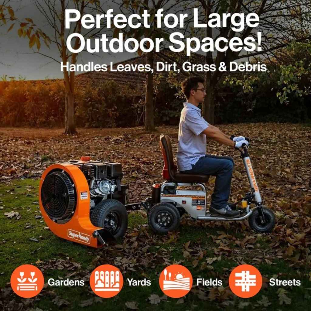 Person using a superhandy towable leaf blower 15 hp in a garden with text highlighting its use for large outdoor spaces.