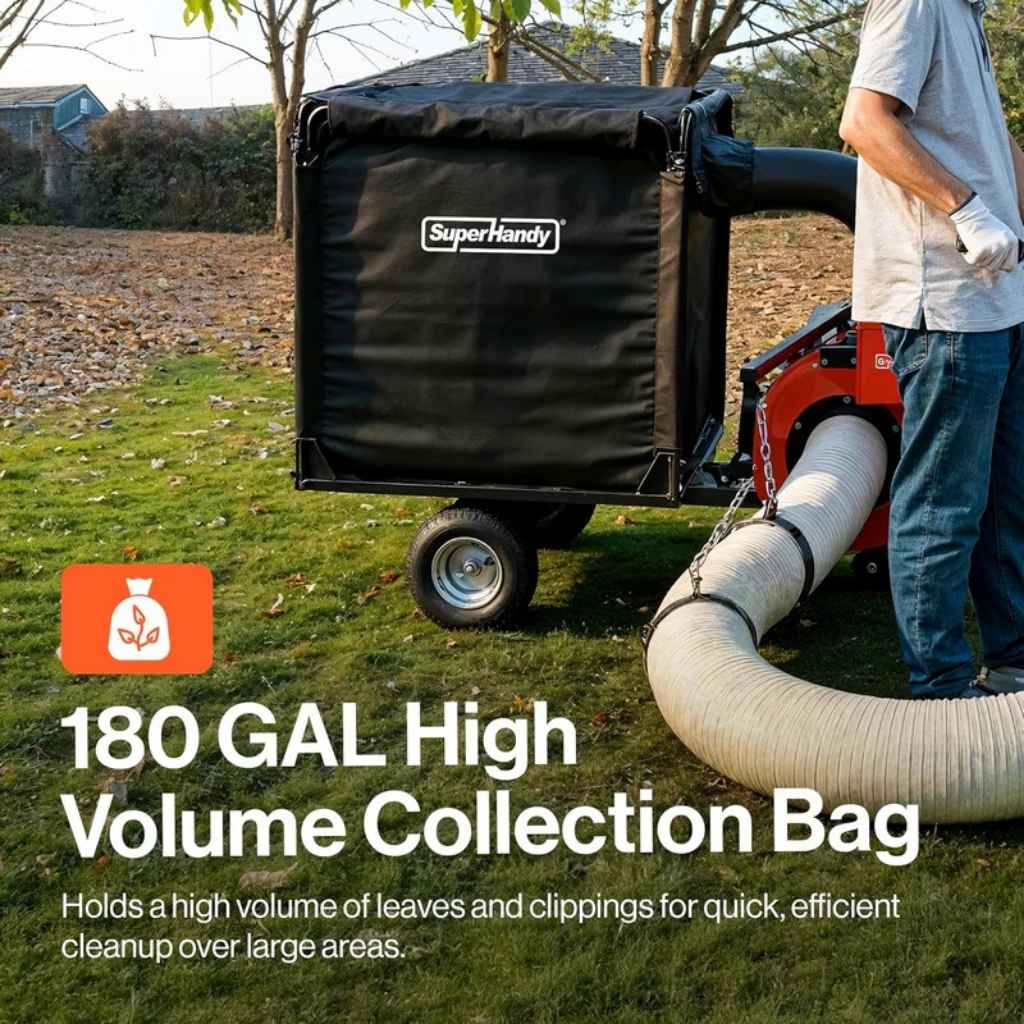Person using a SuperHandy leaf vacuum 180 gal with a large collection bag on a grassy area.