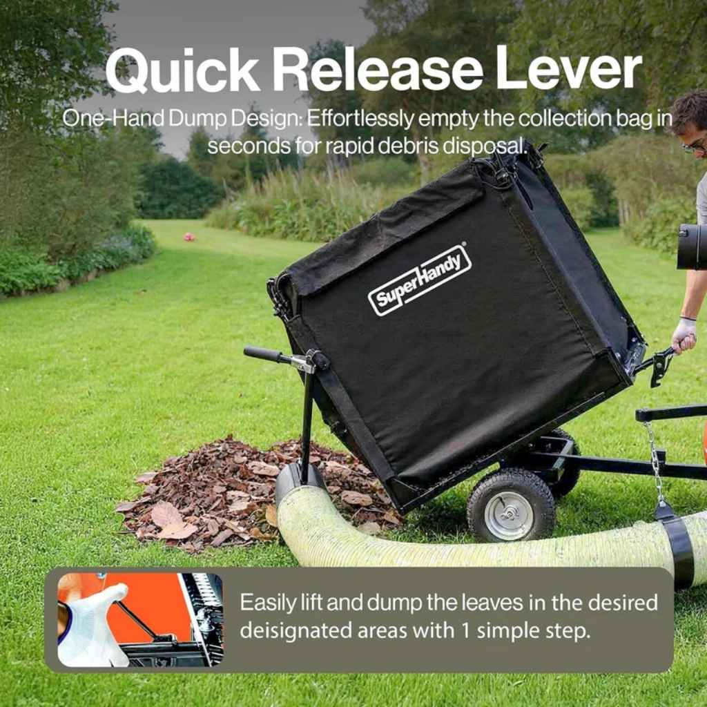 Black SuperHandy garden cart with quick release lever on a grassy area with leaves.