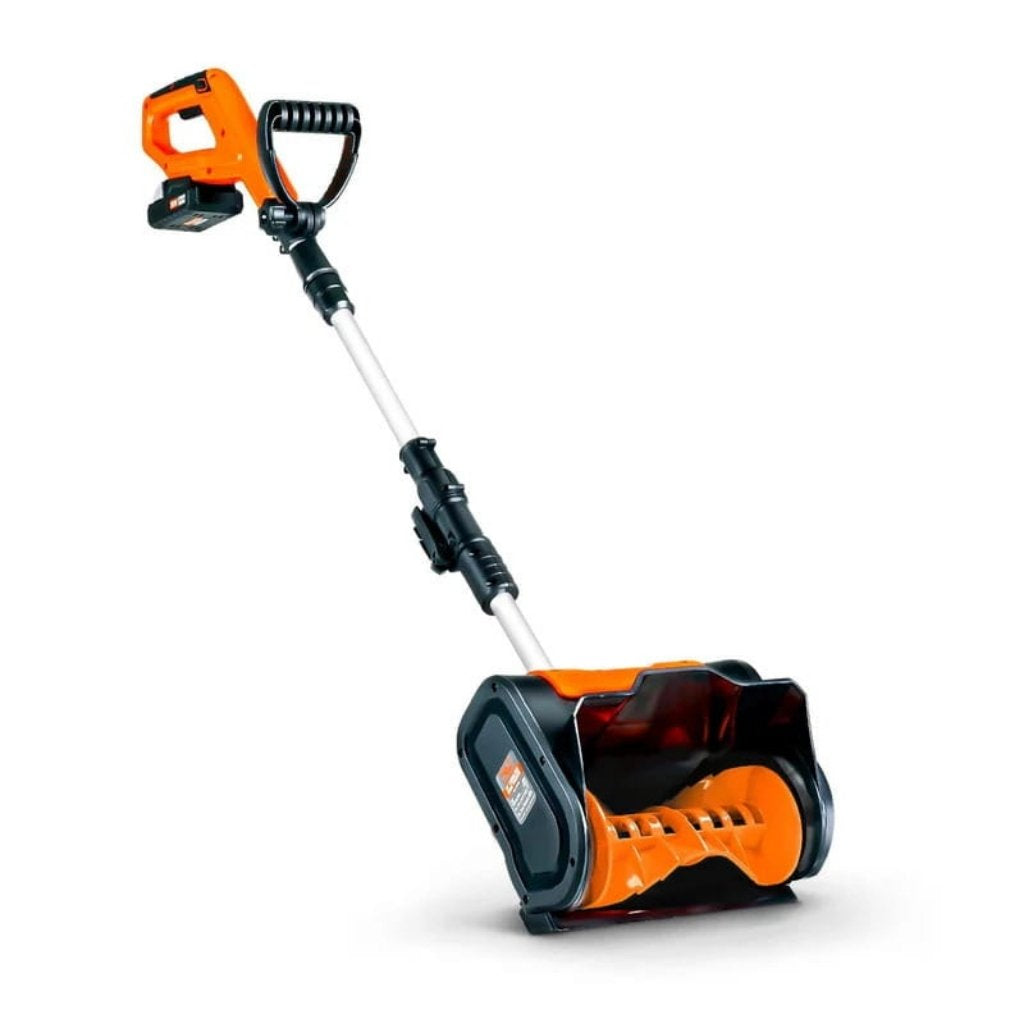 Orange and black superhandy 20v  snow shovel on a white background