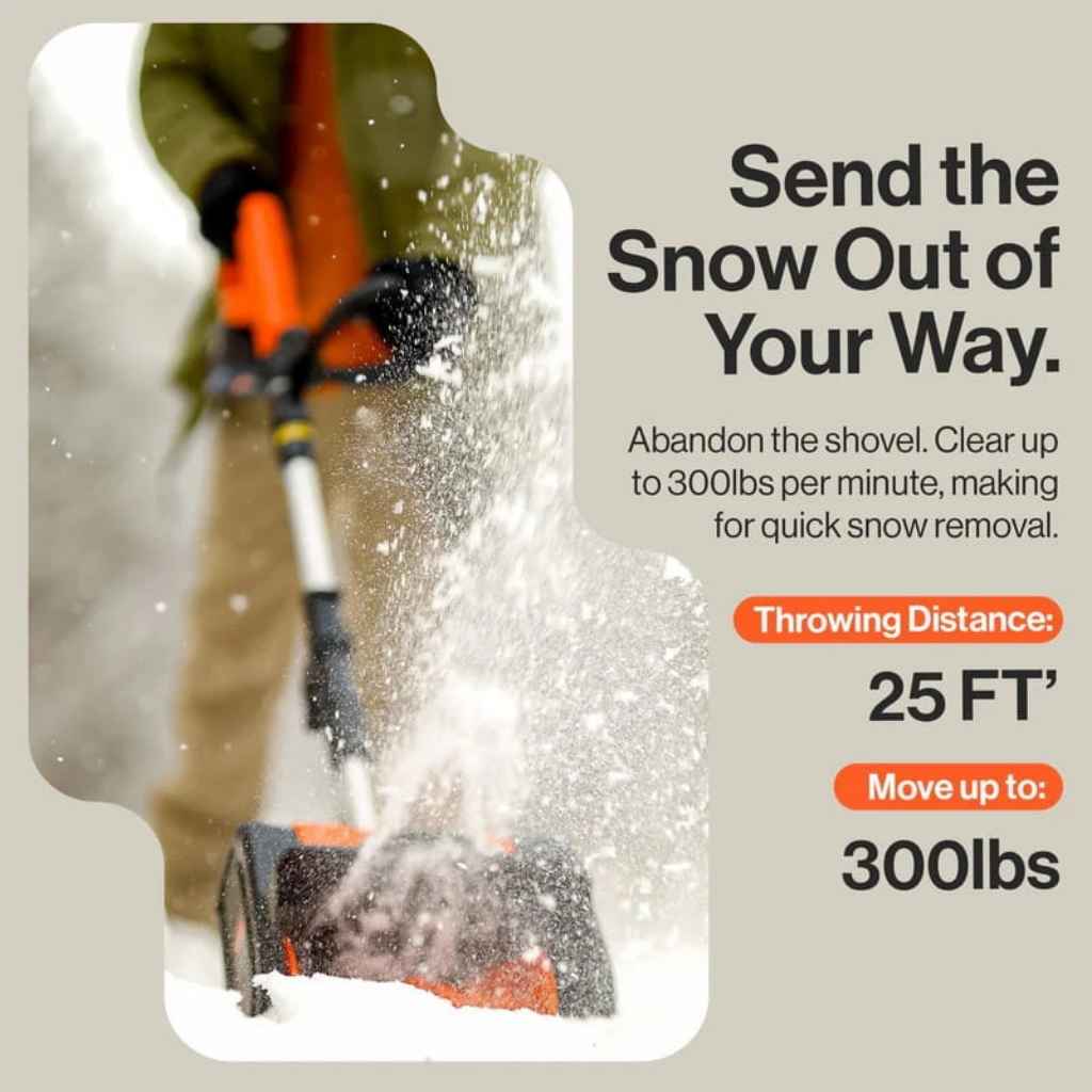 Person using a superhandy 20v snow blower with text about snow removal capabilities on a beige background
