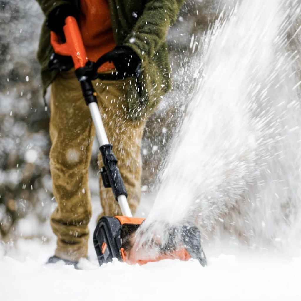 Person using a superhandy 20v snow shovel to clear snow in a winter setting