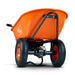 An orange and black  SuperHandy 24v electric wheelbarrow with a visible 24V 7Ah AGM battery on a white background. Bottom Front view.