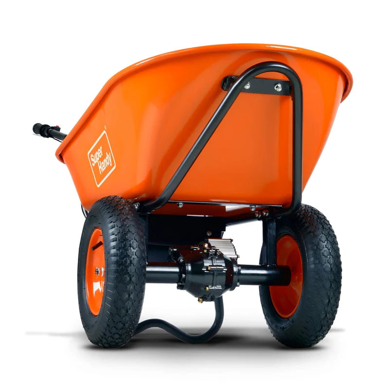 An orange and black  SuperHandy 24v electric wheelbarrow with a visible 24V 7Ah AGM battery on a white background. Bottom Front view.