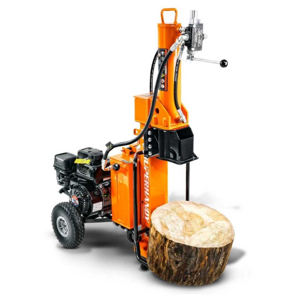 Orange superhandy 25 ton log splitter with a cut log on a white background