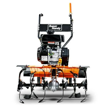 A orange and black superhandy 27 inch garden tiller with orange wheels and a 209CC engine. Front view