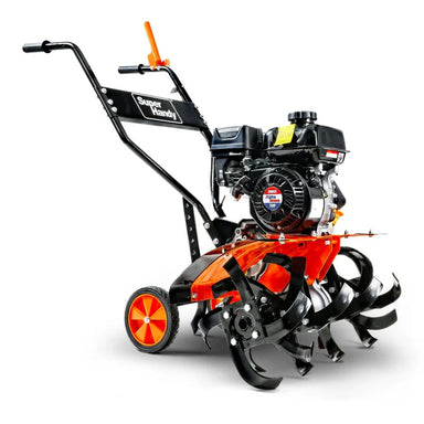 A orange and black superhandy 27 garden tiller with orange wheels and a 209CC engine.