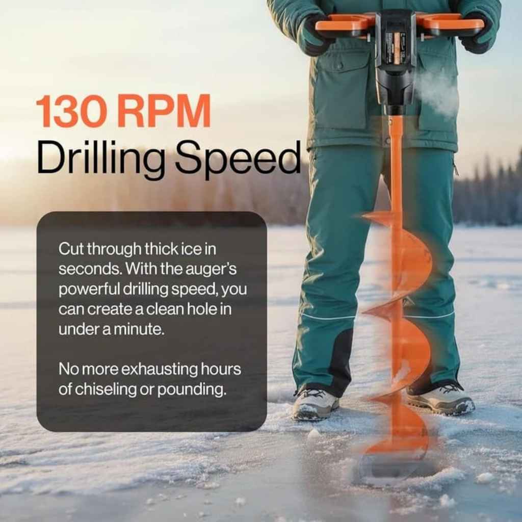 Person using a superhandy 48 ice auger with text highlighting drilling speed on a snowy background.