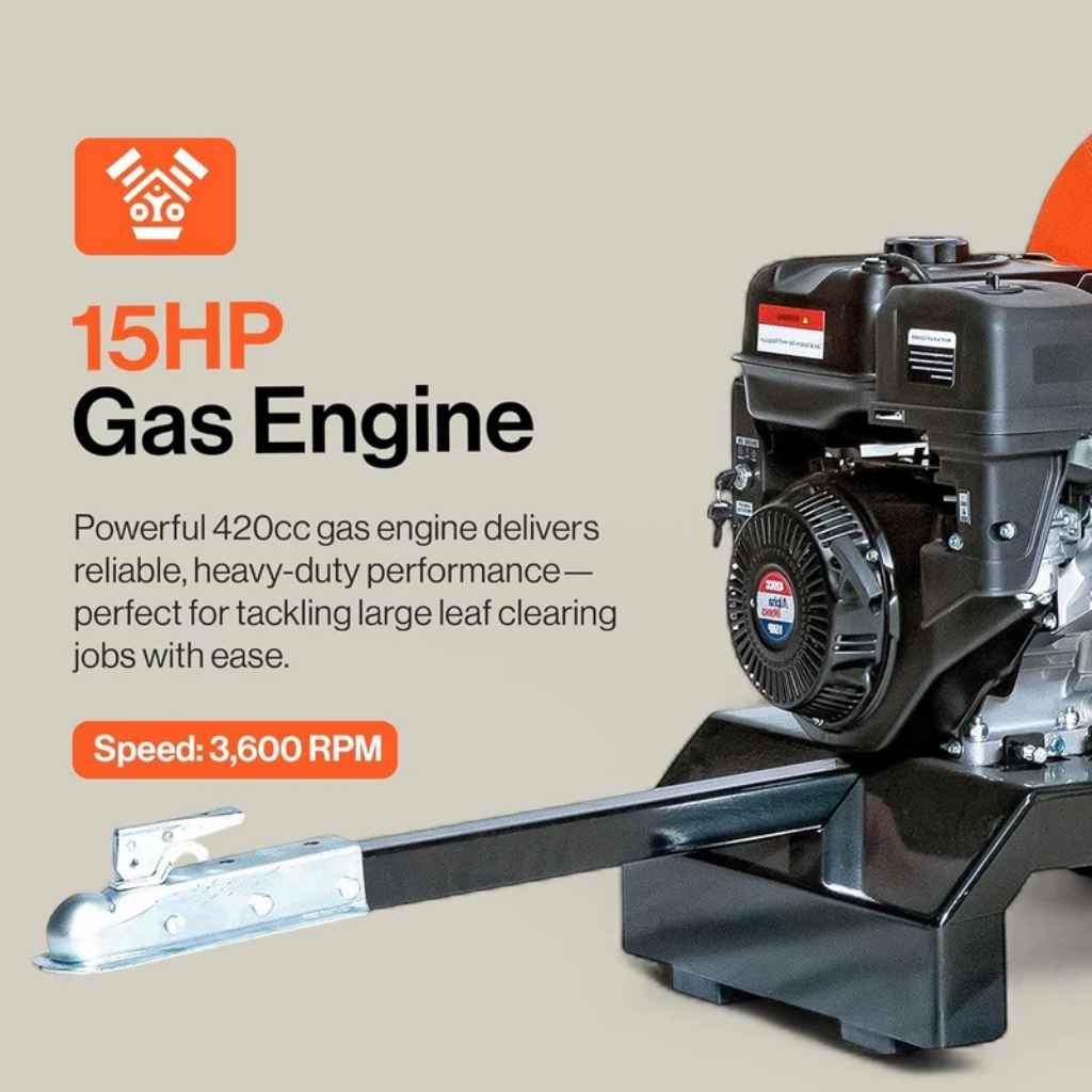 superhandy 4 inch wood chipper with a 15HP gas engine with specifications on a beige background