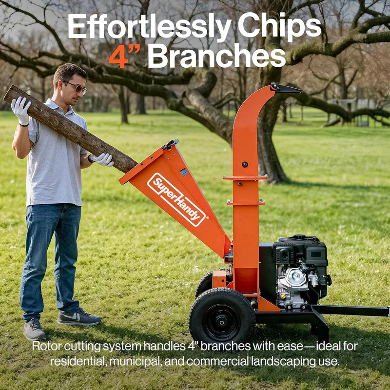 Man using a SuperHandy 4 in tow behind wood chipper in a park setting with text highlighting its branch-chipping capabilities.
