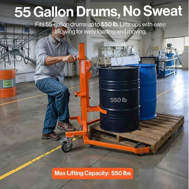 Person using a superhandy 55 gal drum lifter to move 55-gallon drums in an industrial setting.