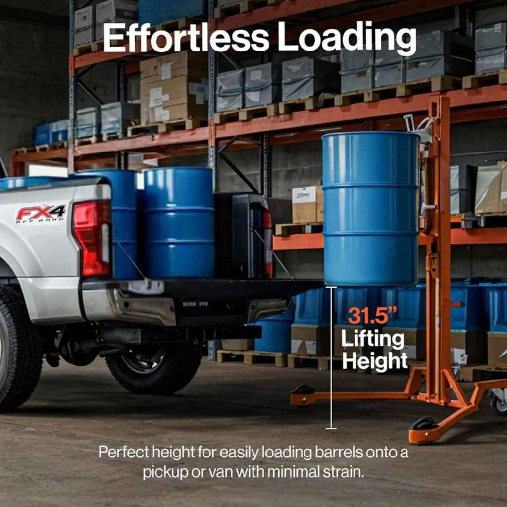 White truck with blue barrels being loaded using a superhandy drum lift 550 lb in a warehouse setting.