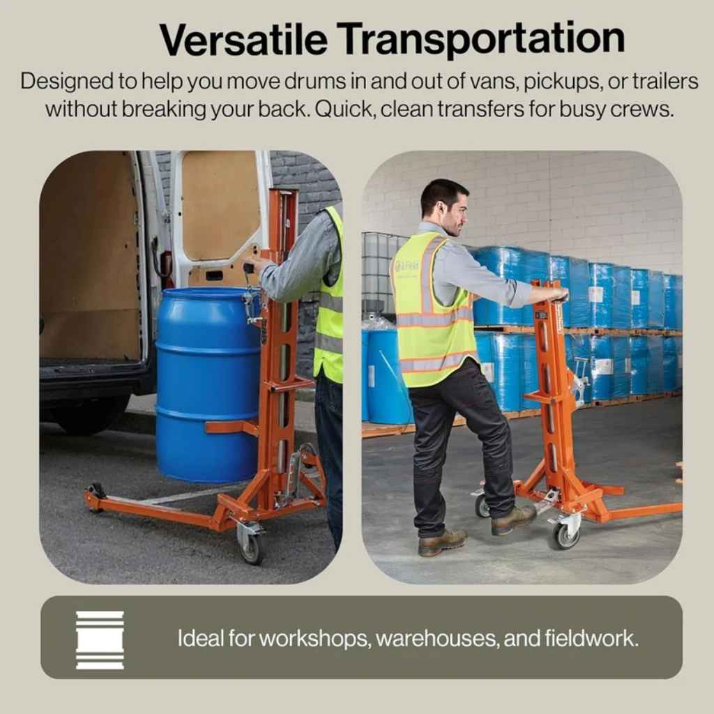 Orange superhandy 55 gallon drum lift being used to move blue drums in and out of a vehicle, with text highlighting its versatility.