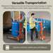 Orange superhandy 55 gallon drum lift being used to move blue drums in and out of a vehicle, with text highlighting its versatility.