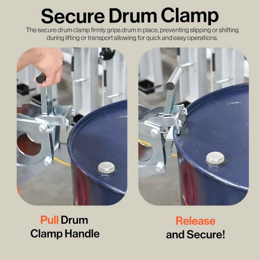 superhandy 55 gallon drum lifter with a Secure drum clamp gripping a blue drum with text explaining its function.