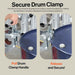 superhandy 55 gallon drum lifter with a Secure drum clamp gripping a blue drum with text explaining its function.