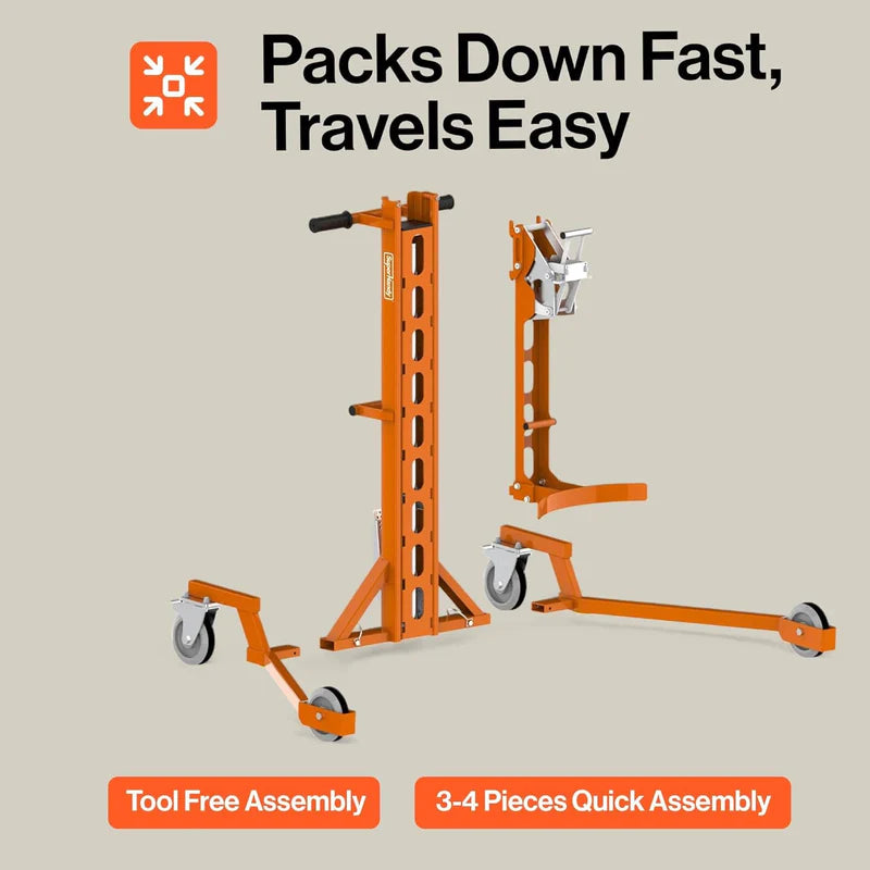 Orange superhandy 55 gal hydraulic drum lift with wheels on a beige background, featuring text about assembly and ease of use.