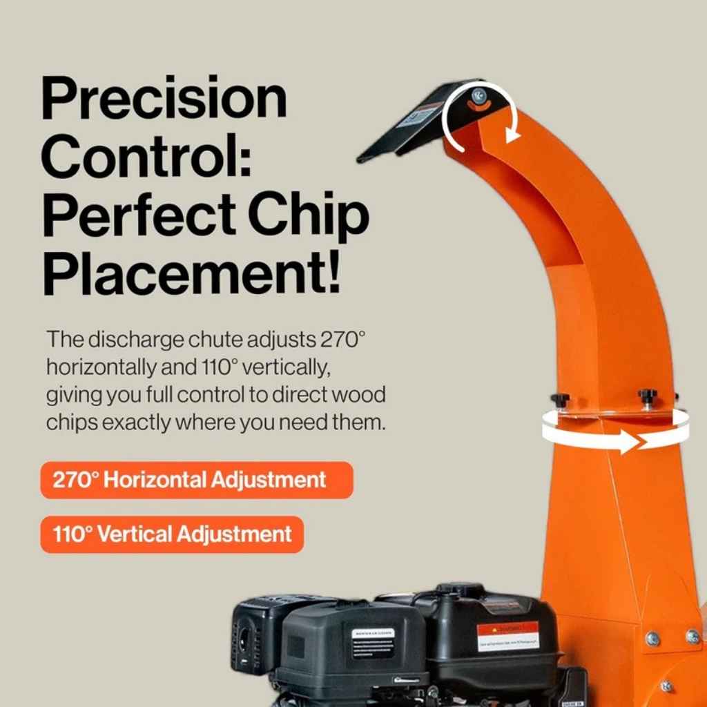 Orange superhandy 5 inch towable chipper with text highlighting precision control and adjustable discharge chute on a beige background