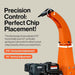 Orange superhandy 5 inch towable chipper with text highlighting precision control and adjustable discharge chute on a beige background