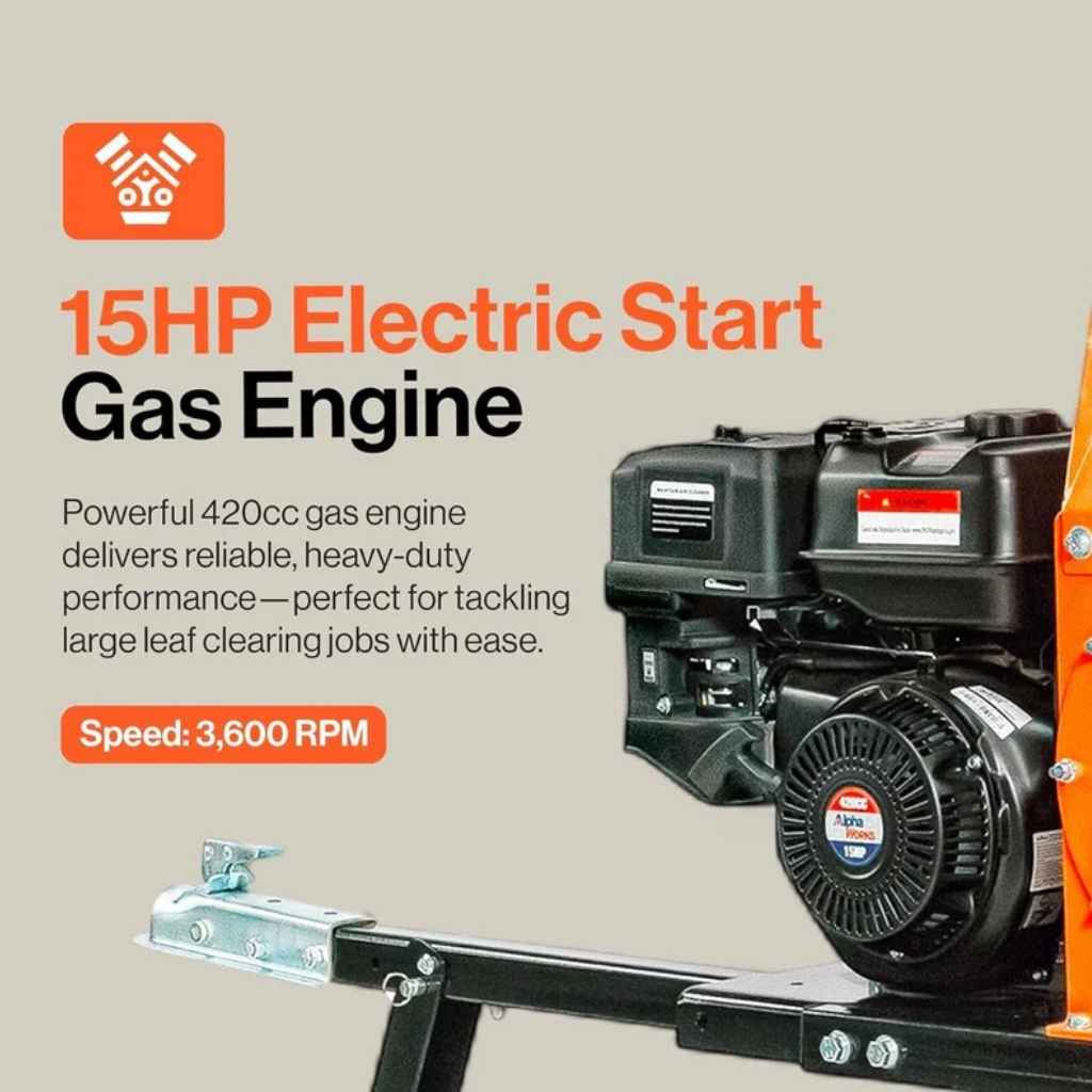 superhandy 5 inch tow behind wood chipper 15HP Electric Start Gas Engine with specifications on a beige background