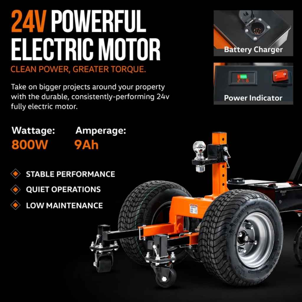 Orange superhandy electric trailer dolly super duty 7500 lbs with specifications on a black background