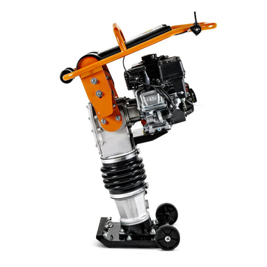 A SuperHandy jumping jack tamping rammer with a 7HP 209CC engine, predominantly black and orange in color, designed for soil compaction.