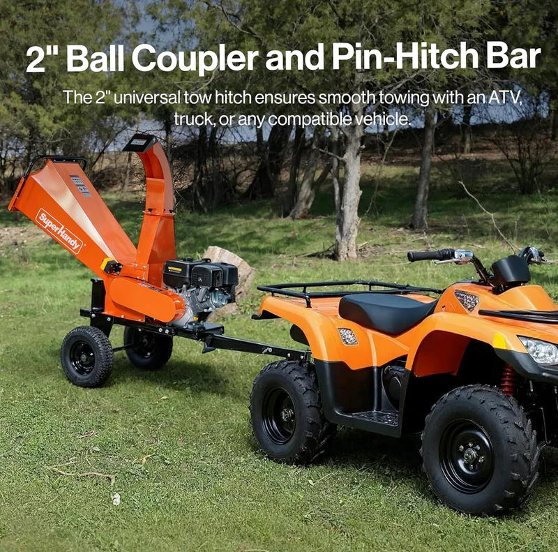 Orange ATV towing a SuperHandy Tow Behind wood chipper shredder with a 2-inch ball coupler and pin-hitch bar in a grassy outdoor setting.