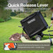 Black SuperHandy towable leaf and lawn vac with quick release lever on a grassy area with leaves.