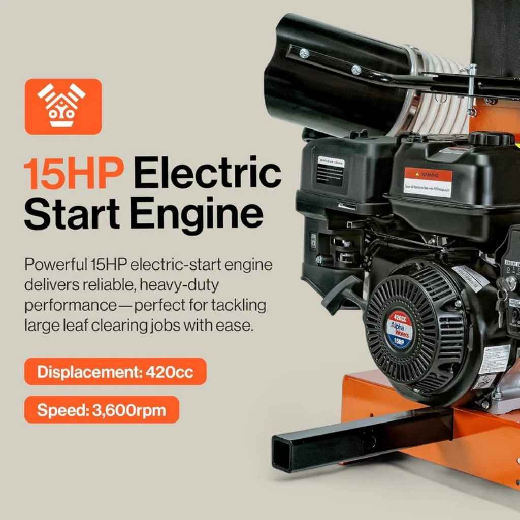 superhandy truck loader leaf vacuum with a 15HP electric start engine with specifications on a beige background