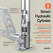 superhandy 55 gal drum lift with a Smart Hydraulic Cylinder with features highlighted on a beige background