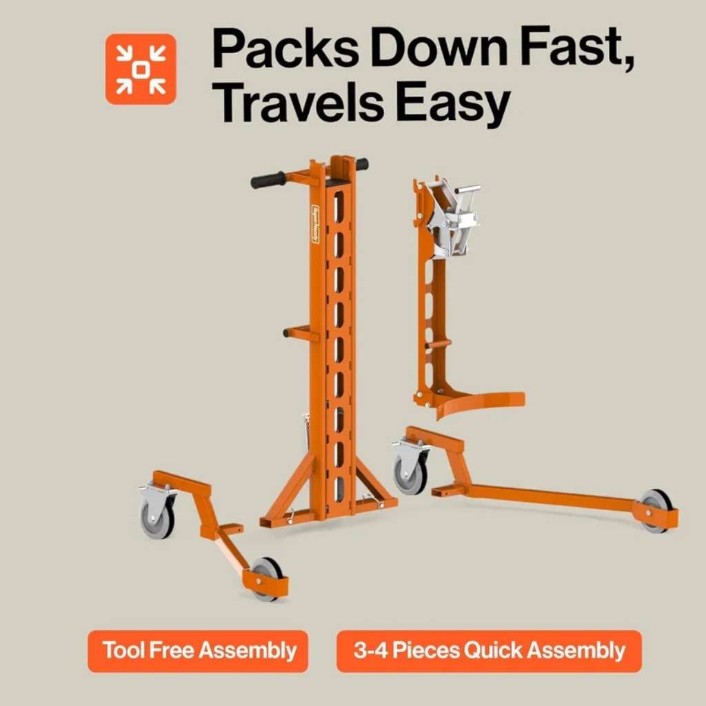 superhandy 550 lb drum lift with an Orange portable stand with wheels on a beige background, featuring text about assembly and travel ease.