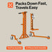 superhandy 550 lb drum lift with an Orange portable stand with wheels on a beige background, featuring text about assembly and travel ease.