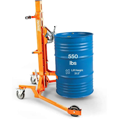 Orange superhandy 55 gal drum lifter with a blue barrel on a white background
