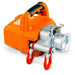 Orange and silver superhandy winch with red hooks on a white background