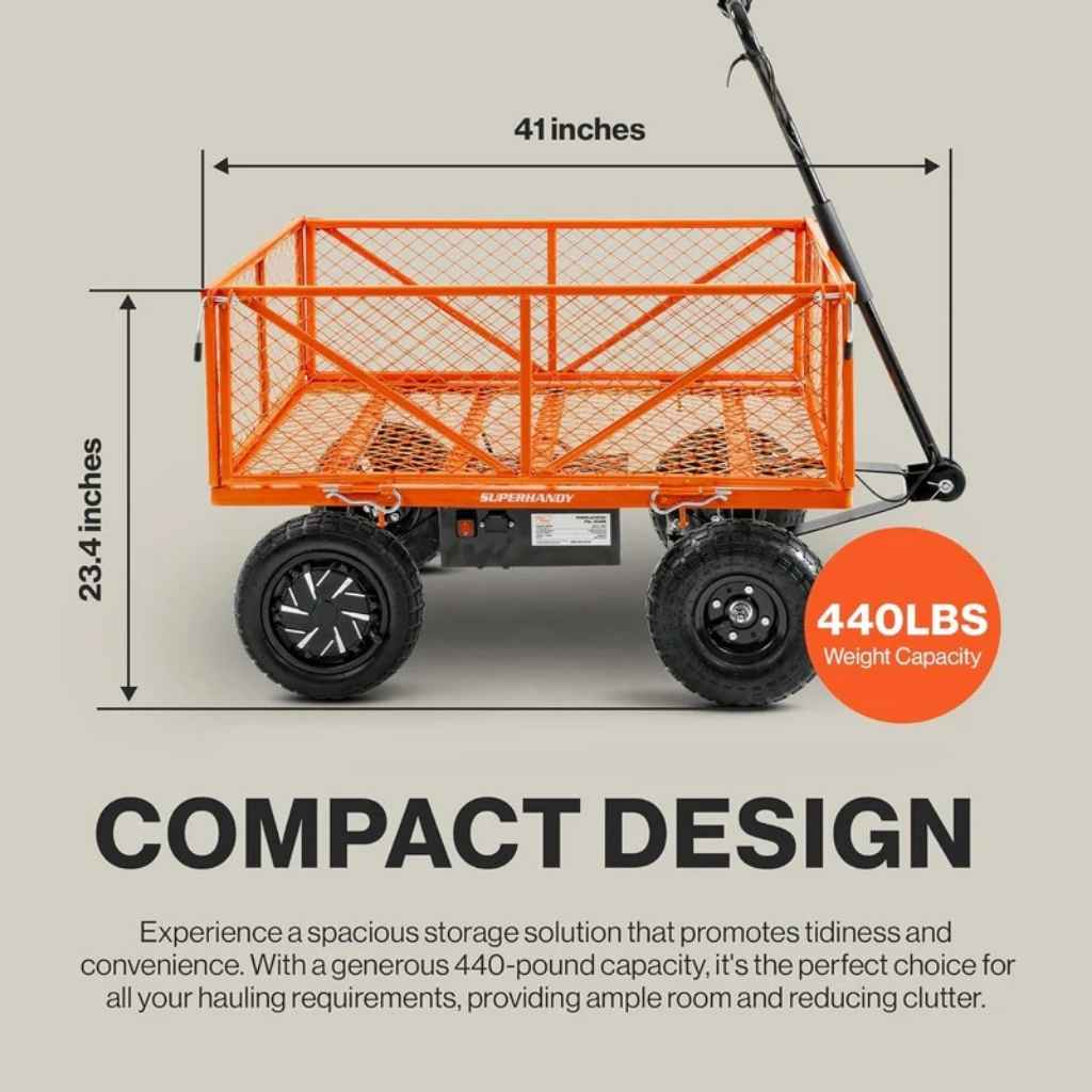 Orange superhandy electric garden cart with dimensions and weight capacity on a gray background
