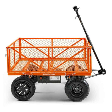 Orange super handy electric garden cart pro with large wheels on a white background