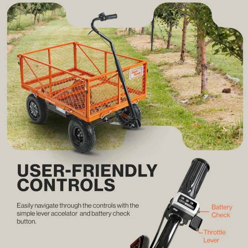 Orange superhandy electric garden cart with user-friendly controls on a grassy background