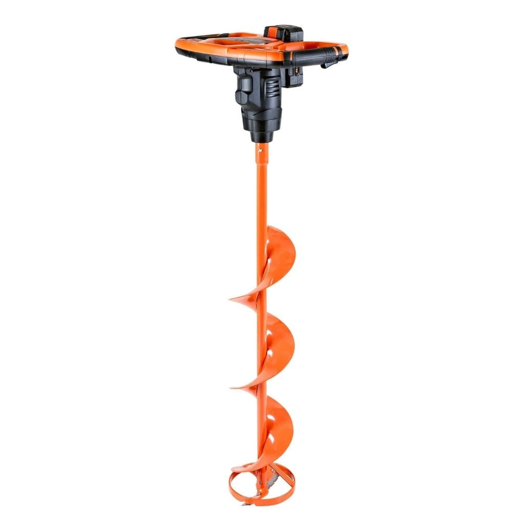 Orange and black superhandy electric ice auger on a white background