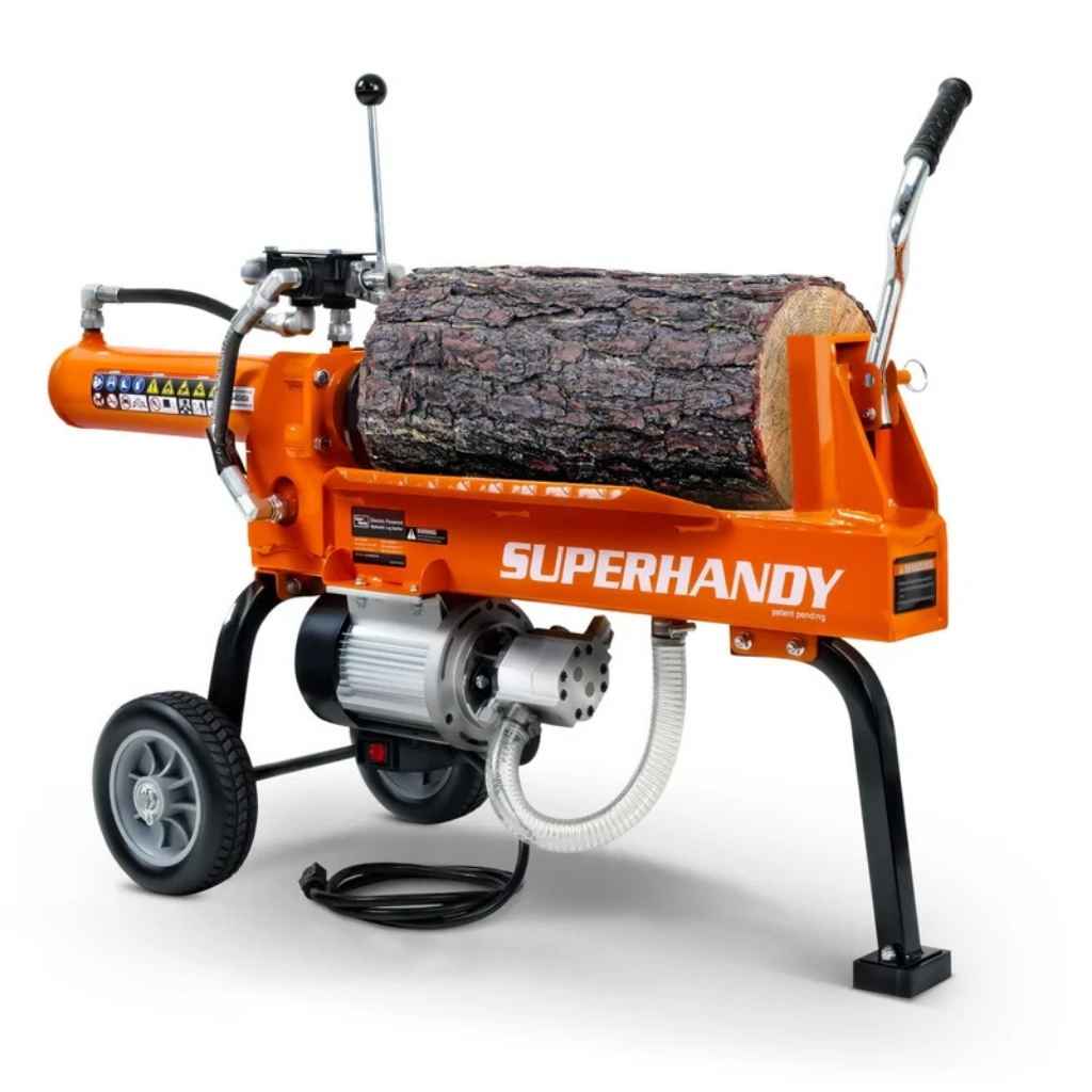 Orange SuperHandy 14 ton log splitter with a log on a white background